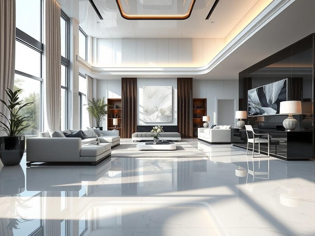A luxurious, high-resolution hyper-realistic rendering of an elegant, high-end property interior, showcasing glossy surfaces and luminous highlights. The composition focuses on a lavish living room with modern furnishings, large windows allowing natural light, and a serene color palette, evoking a sense of sophistication and luxury.