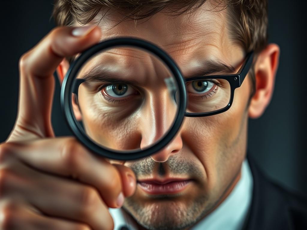 A close-up shot of a determined private investigator in action, captured with a 45mm f/1.2 lens style. The investigator holds a magnifying glass up to reveal sharp, focused eyes. The background is blurred, emphasizing intensity and focus, rendered in hyper-realistic quality. The color scheme subtly integrates rgb(226, 1, 1) as a highlight, adding a sense of urgency and authority. The composition is simple and clear, with the investigator as the sole subject, embodying vigilance and accountability.