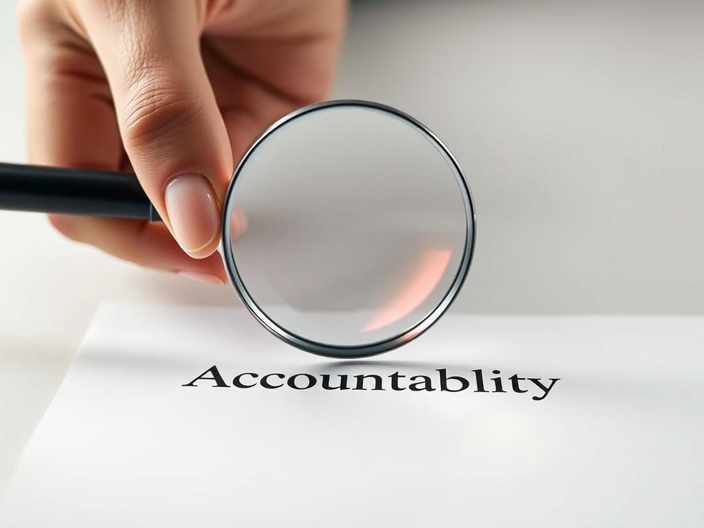 Create a realistic high-resolution close-up photo of a single public servant’s hand holding a transparent magnifying glass that focuses sharply on the word "Accountability" etched subtly on a clean, white document below. Use a 45mm f/1.2 lens style to achieve a shallow depth of field, emphasizing the magnifying glass and the word clearly, while softly blurring the surrounding area. The lighting should be natural and bright, with a slight warm tone to convey trust and sincerity. The background is minimalist 