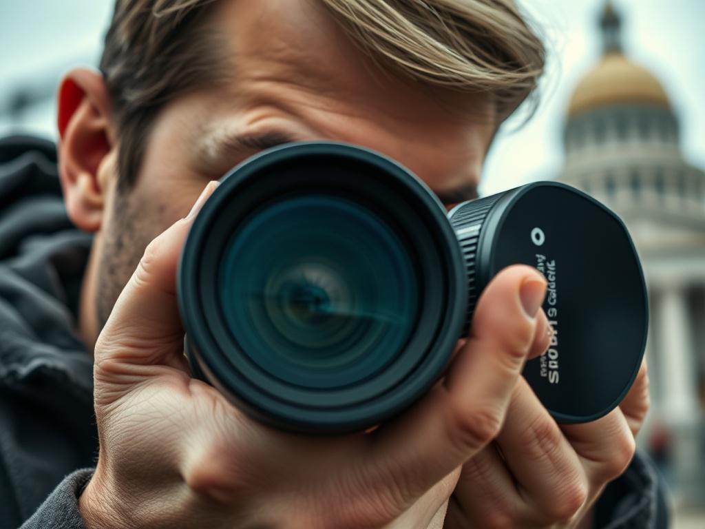 A hyper realistic close up shot of a focused journalist