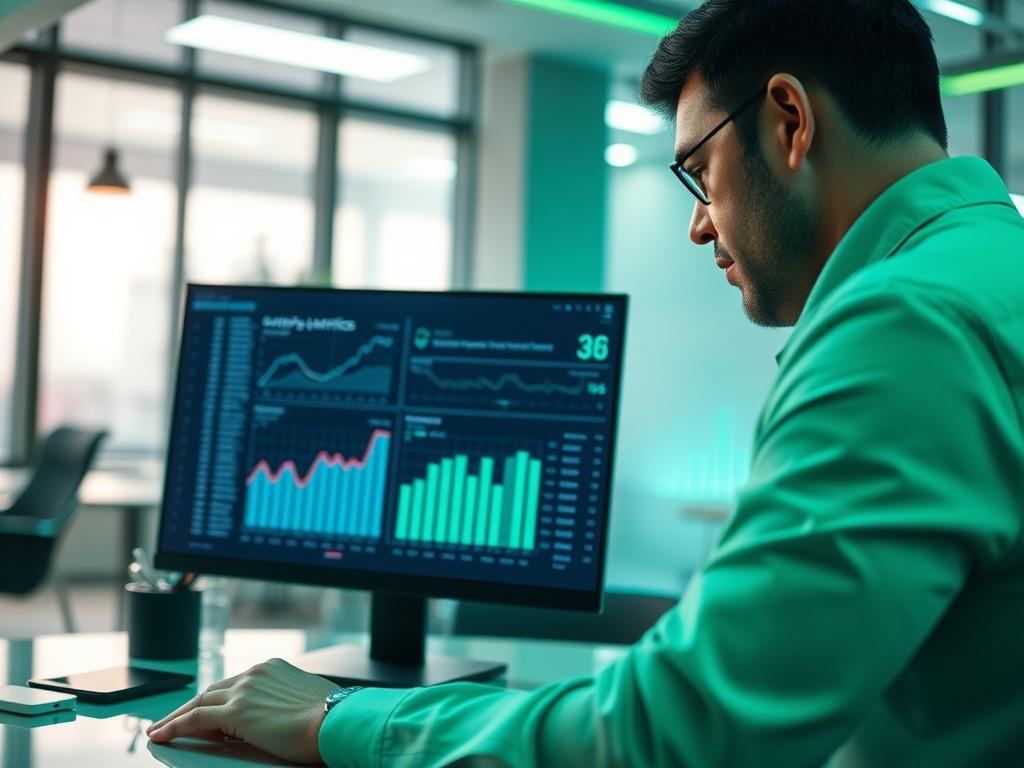 A close-up shot of a data analyst working on a digital dashboard displaying campaign metrics and graphs. The analyst is focused and engaged, with charts and numbers visible on the screen. The background is a modern office setting with soft lighting, emphasizing professionalism and innovation. The overall color scheme should harmonize with a soothing green tone (#5CDB95), conveying clarity and insight.