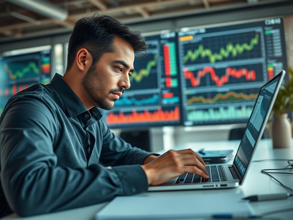 A close-up shot of a financial analyst working at a desk, analyzing market risk data on a laptop. The background shows charts and graphs on a screen, with a calm, focused expression on the analyst's face. The setting is a modern office with natural lighting, emphasizing a professional atmosphere. The color scheme should align with the primary color #5CDB95.