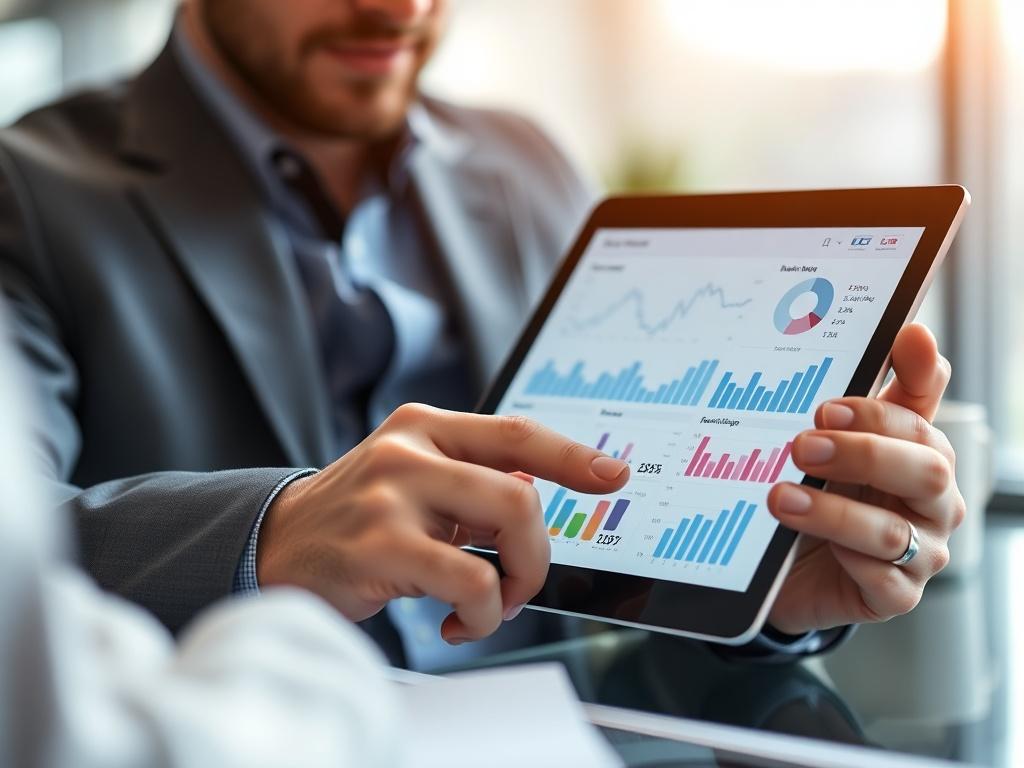 A high-resolution close-up shot of a business analyst reviewing data charts on a digital tablet in a modern office environment. The background should be softly blurred to focus on the analyst and the tablet, showcasing graphs and figures related to revenue optimization. The primary color theme should incorporate shades of #5CDB95, creating a harmonious and professional atmosphere.