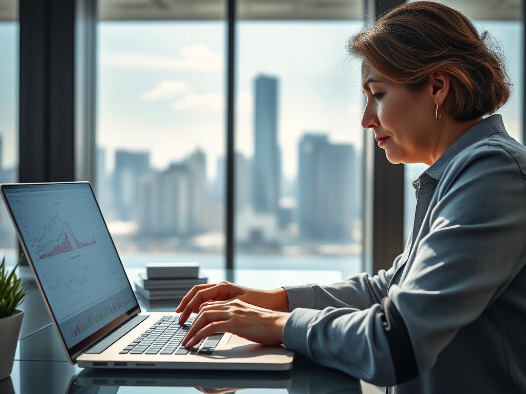 A close-up shot of a data analyst working with complex econometric models on a laptop. The setting is a modern office with a large window showing a city skyline in the background. The analyst, a middle-aged Hispanic woman, is focused on her work, with graphs and statistical data displayed on the laptop screen. The lighting is bright and natural, highlighting the details of her workspace. The image should convey a sense of professionalism and analytical rigor, with a color tone that matches the #5CDB95 prima