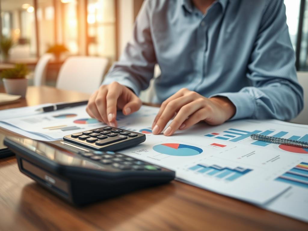 A close-up shot of a professional auditor reviewing financial documents with a calculator, surrounded by charts and graphs on a desk. The setting is a well-lit office space with a modern design, emphasizing focus and diligence. The image should reflect a sense of professionalism and detail, showcasing the auditor's concentration on risk assessment.