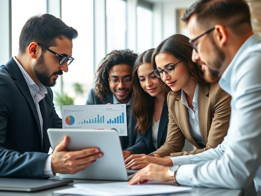 A close-up shot of a diverse team of professionals engaged in a strategic meeting, analyzing data on a laptop and discussing insights. The setting is modern and bright, with data charts and graphs visible on the screen. The focus is on the collaboration and concentration of the team, reflecting a dynamic and intelligent approach to data analysis. Shot with a 45mm f/1.2 lens to emphasize the team and their engagement.