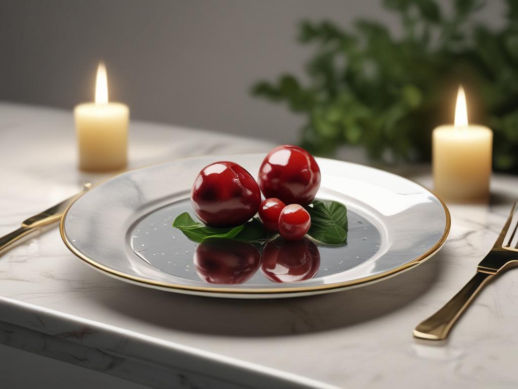 A single Medjool Date on a luxurious marble plate, emphasizing its size and glossy surface. The background should be softly blurred, with hints of greenery, creating an elegant ambiance. The lighting should accentuate the date's rich color and glossy finish.