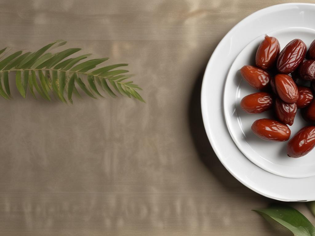 A beautifully arranged plate of Sukkari Dates, showcasing their golden color and glossy finish. The background should include hints of date palm leaves, creating a tropical and luxurious feel. Soft, warm lighting should enhance the dates' appearance, making them look irresistible.