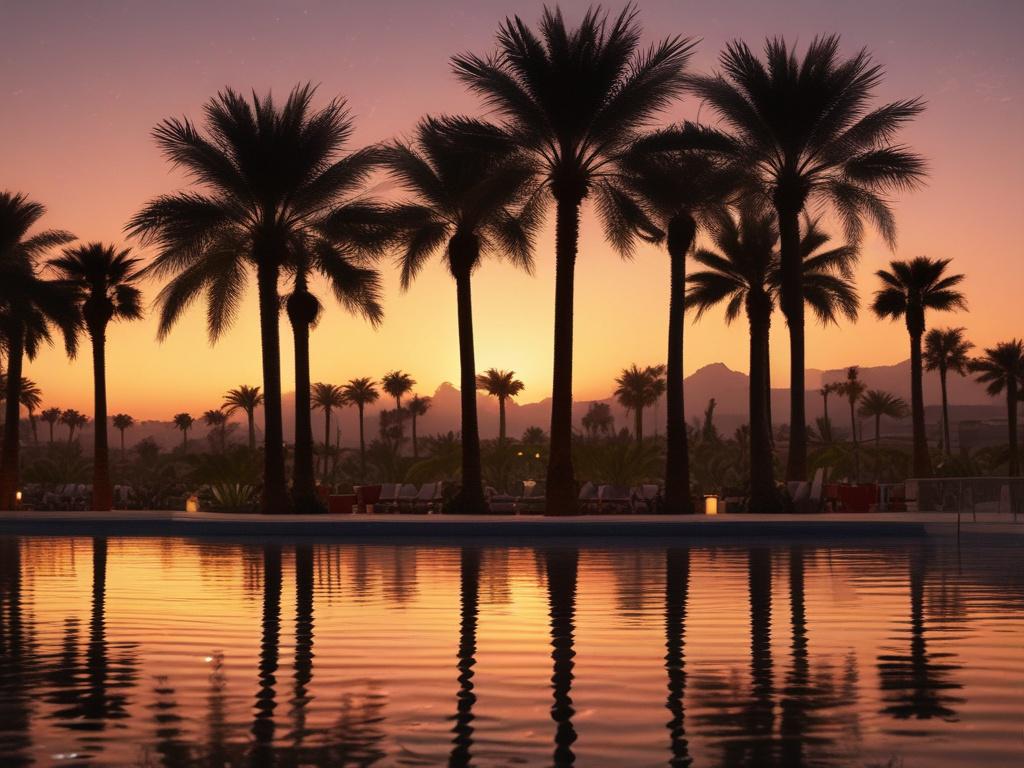A close-up of Ajwa Dates, showcasing their dark, glossy exterior and rich texture. The background features a soft-focus of date palms under a sunset, enhancing the luxurious feel. The lighting should create a warm glow, highlighting the dates' shine in a hyper-glossy style.