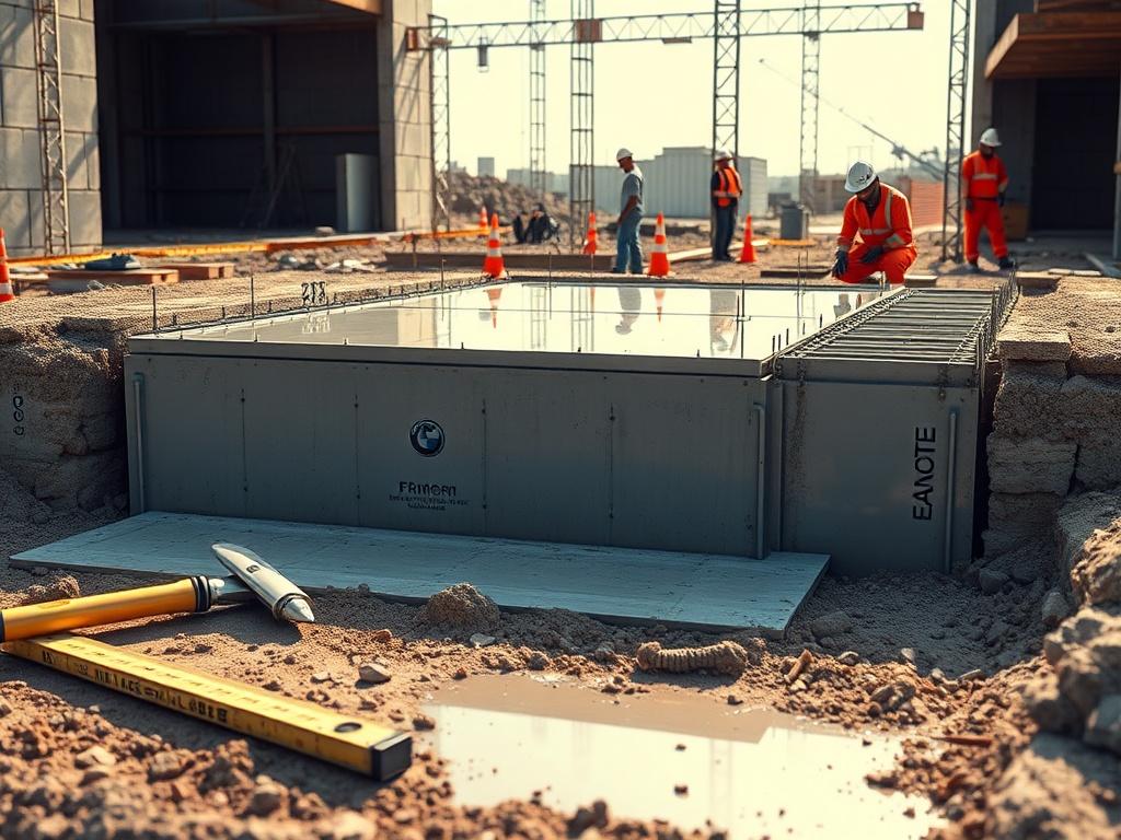 **AI Image Generation Prompt:**

Create a realistic high-resolution photograph that embodies the concept of "Building Strong Foundations for Success." The image should focus on a single subject: a sturdy, modern foundation being laid for a building. 

**Composition Details:**
- Center the foundation in the composition, with clear lines and textures showcasing the concrete and reinforcements being placed. 
- The perspective should be slightly elevated, allowing for a view of both the foundation and the surro