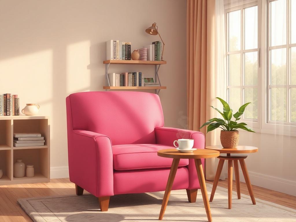 **Prompt for AI Image Generator:**

Create a highly detailed and lifelike illustration depicting a warm and inviting therapy room used for cognitive-behavioral therapy (CBT). The composition should focus on a single, comfortable armchair in the center of the room, upholstered in a soft hot pink fabric that radiates warmth and positivity. Surrounding the chair, include a small, round wooden side table on which sits a steaming cup of herbal tea, inviting a sense of calmness.

In the background, add elements t