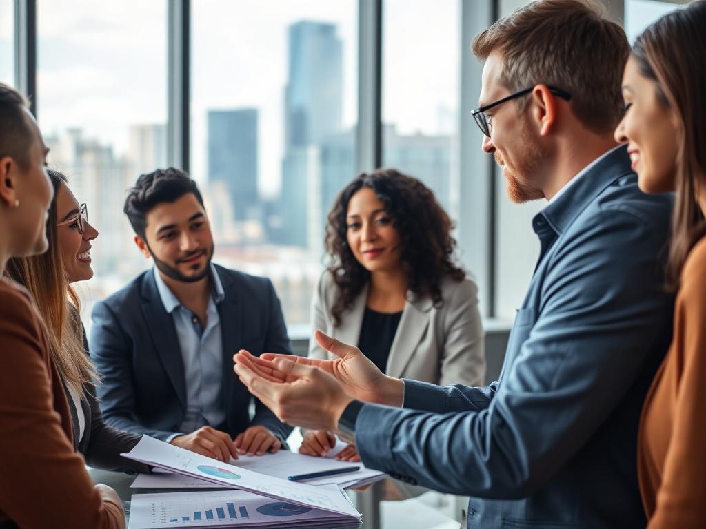 A focused close-up shot of a professional consultant discussing strategies with a diverse group of clients in a modern office setting. The background features a large window with natural light pouring in, showcasing a vibrant cityscape. The consultant is actively engaging with clients, using visual aids like charts and graphs, creating a dynamic atmosphere of collaboration and innovation. The image should reflect a sense of professionalism and teamwork.