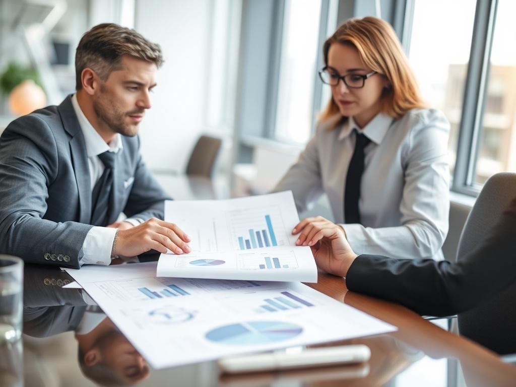 A close-up shot of a business consultant discussing a strategic planning document with a client, showcasing charts and graphs on a table. The setting is a modern office with natural light, emphasizing professionalism and collaboration. The background should be softly blurred to maintain focus on the consultant and client interaction.