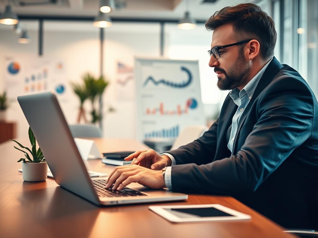 A focused shot of a business analyst examining market data on a laptop, surrounded by charts and graphs. The office environment is bright and inviting, highlighting a professional atmosphere. The background is blurred to emphasize the analyst's concentration on the data.