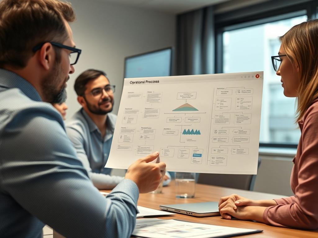 A close-up image of a consultant using a flowchart to illustrate operational processes to a small team in a meeting room. The atmosphere is collaborative and engaging, with visual aids enhancing the discussion. The background remains softly focused to keep attention on the consultant and team.