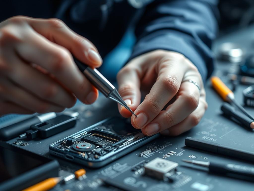 A hyper-realistic close-up of a technician replacing a battery in a smartphone, showcasing the careful handling of components and tools. The focus should be on the technician's hands and the battery being replaced, with a blurred background that hints at a tech workspace. The primary color rgb(50, 170, 39) should be incorporated subtly in the tools or workspace.