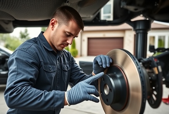 Technician working on brake repair at driveway