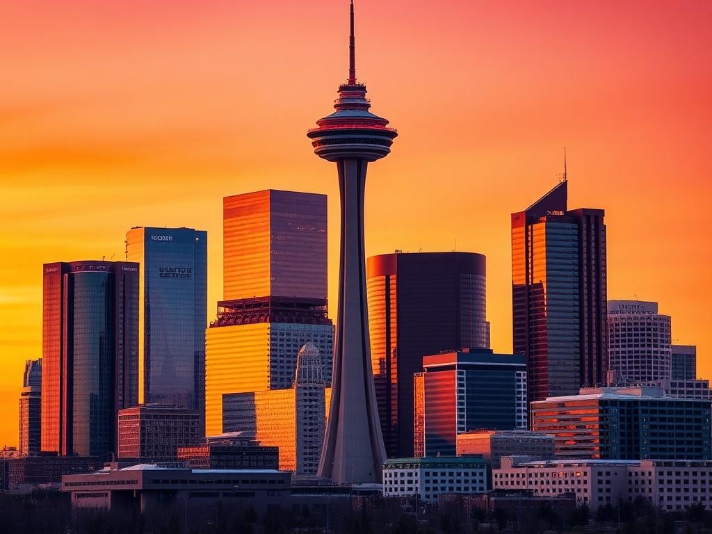 A realistic high-resolution photo capturing the Calgary skyline, showcasing a vibrant sunset with warm colors reflecting off the modern skyscrapers. The foreground features a clear view of the iconic Calgary Tower, surrounded by other notable buildings. The background includes a gradient sky transitioning from a deep orange to a soft purple, creating a stunning backdrop for the cityscape. The composition is simple and clear, emphasizing the beauty and modernity of Calgary.