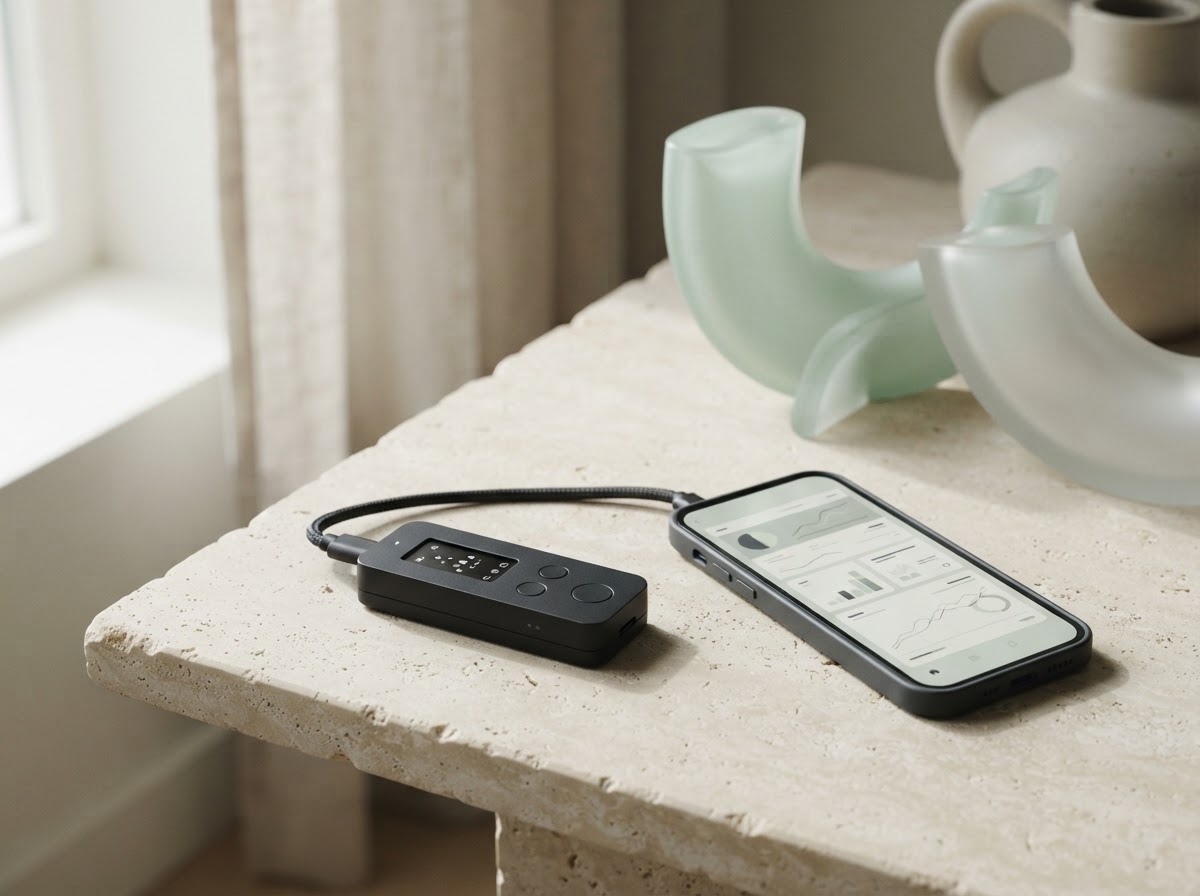 An unbranded hardware wallet and smartphone arranged in a calm, softly lit workspace