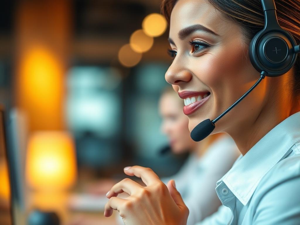 A close-up shot of a professional call center representative wearing a headset, actively engaging with a customer on the phone. The background is a softly blurred office setting, emphasizing the representative's focused expression. The lighting is warm and inviting, highlighting the representative's friendly demeanor. The image should convey a sense of professionalism and commitment to customer service, shot with a 45mm f/1.2 lens style.
