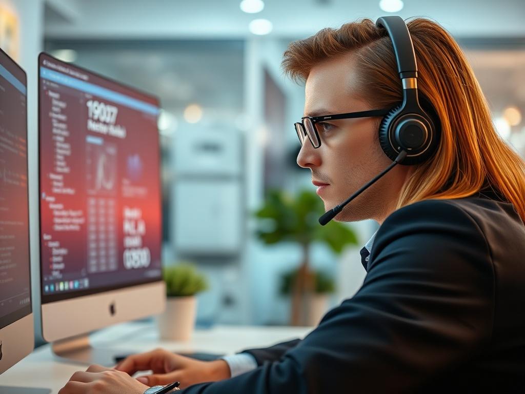 A hyper-realistic close-up of a professional IT support technician assisting a client over the phone. The technician should be focused, wearing a headset, and looking at a computer screen filled with technical data. The background should be a well-organized office space with modern technology visible. The color scheme should incorporate shades of rgb(193, 153, 87) to create a cohesive and inviting atmosphere.