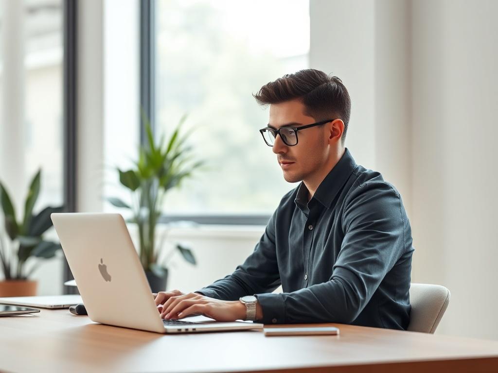 A modern office environment featuring a single IT professional working