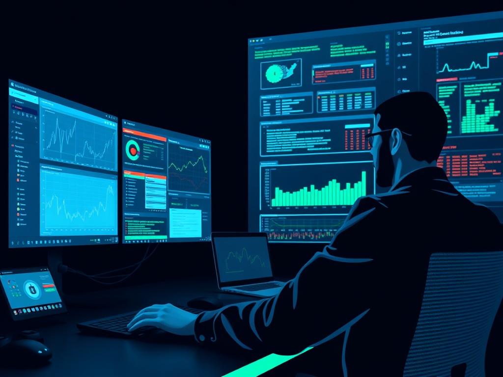 A cybersecurity expert analyzing data on multiple screens, with visual