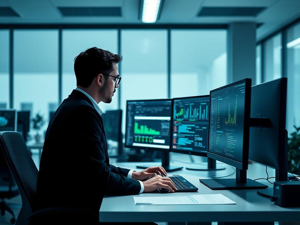 A focused image of a cybersecurity analyst reviewing data on