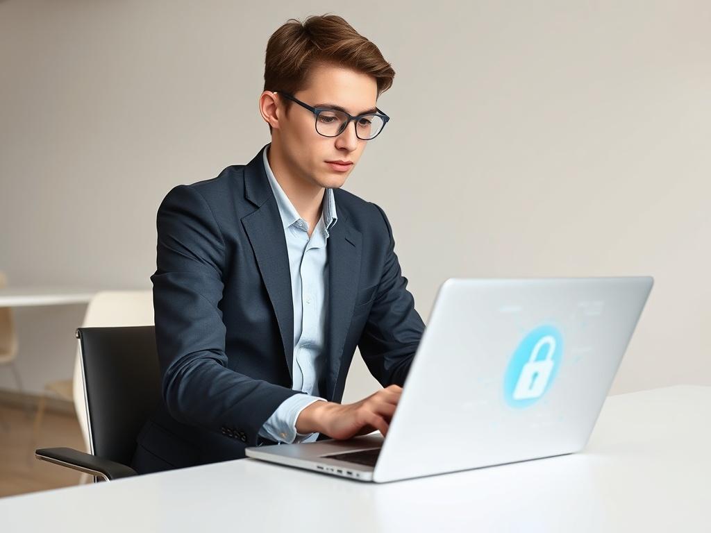 **AI Image Generation Prompt**: 

Create a realistic high-resolution photo that captures the essence of cybersecurity's importance for modern businesses. 

**Composition Details**: 

- The image should feature a single subject: a focused young professional (male or female) in business attire, seated in a contemporary office environment. 
- The subject should be working intently at a sleek laptop, with their face displaying a look of concentration and determination. 
- The surrounding office space should be 