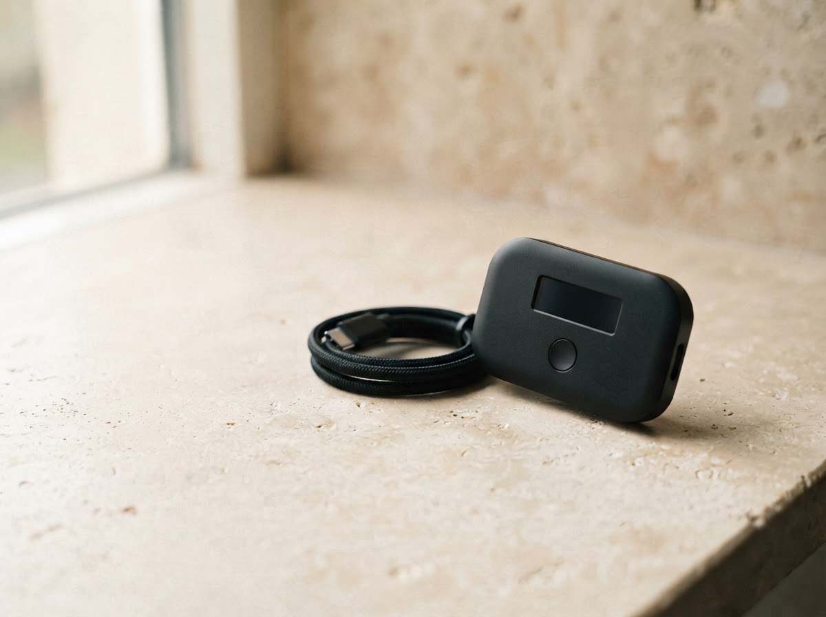 A compact black hardware wallet and its USB cable on a light surface