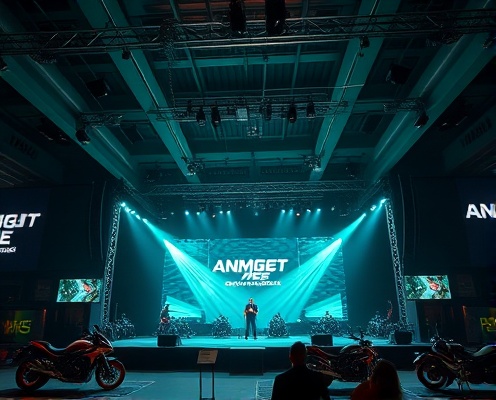Night event venue with professional stage lighting, electric teal accents, and motorcycles