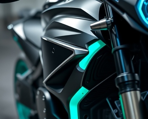 Close-up of custom motorcycle with professional audio installation and teal accent lighting