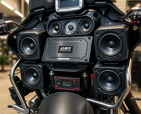 Professional audio system installation in motorcycle with high-end speakers and amplifiers
