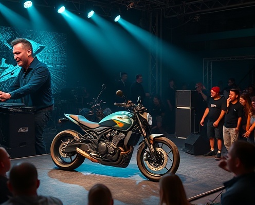 Professional motorcycle audio competition event stage with custom bike and energetic crowd