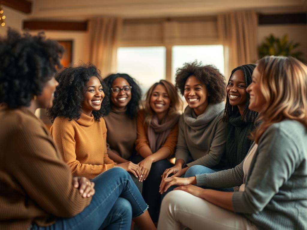 A serene, high-resolution photo depicting a diverse group of women of all colors sitting in a circle, engaged in a supportive discussion. The setting is warm and inviting, with soft lighting and cozy golden hues creating a serene atmosphere. The women are smiling and showing expressions of encouragement and camaraderie, symbolizing unity and collaboration. The background is softly blurred to emphasize the circle of women, creating a sense of intimacy and connection.