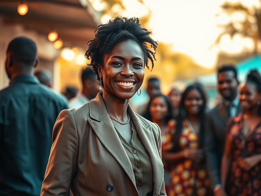 A high resolution image of a confident African woman entrepreneur