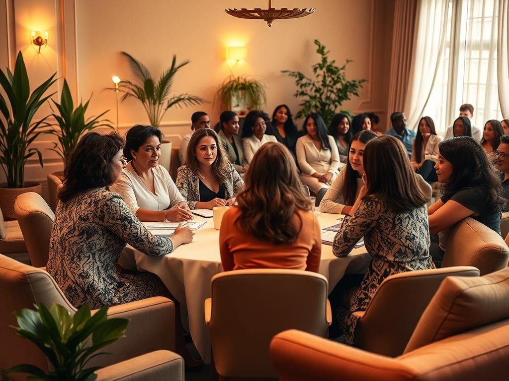A serene indoor setting with a diverse panel of women