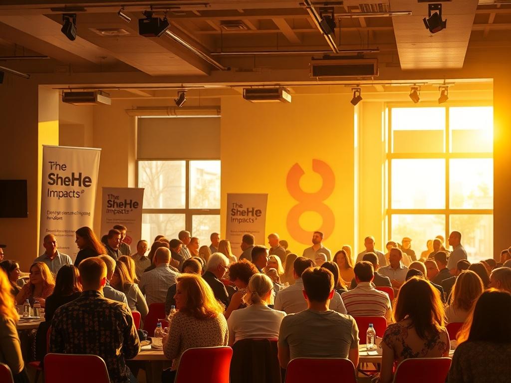 A high-resolution image of a vibrant forum setting with diverse participants engaged in discussions, banners of SheHeImpacts in the background, and warm golden light creating an inviting atmosphere.