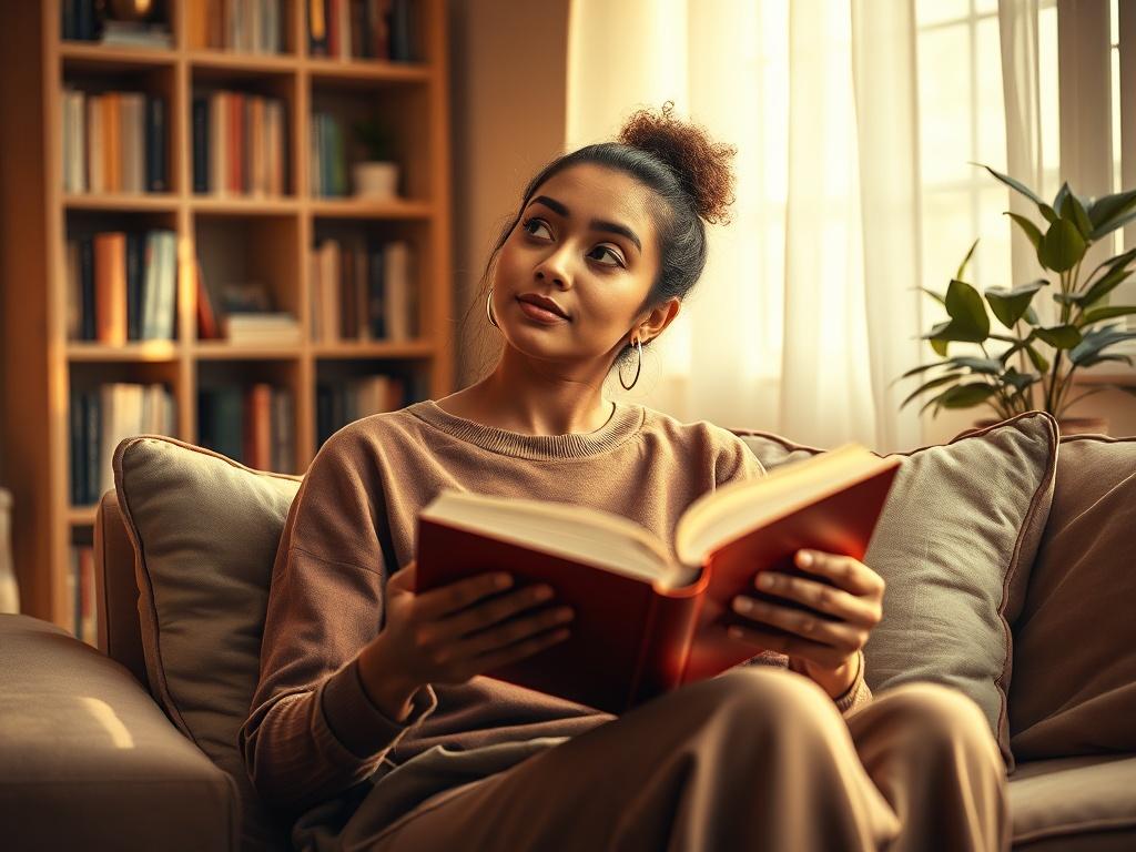 Create a realistic high-resolution photo featuring a single female subject seated comfortably in a cozy, warm-lit room that exudes a serene atmosphere. The subject should be a woman in her late 20s to early 40s, with a confident yet inviting expression, actively engaged in storytelling. She should be holding an open book, with her gaze directed slightly upward as if she is sharing a powerful story. 

The background should feature soft, golden hues, with elements such as a bookshelf filled with books, a smal