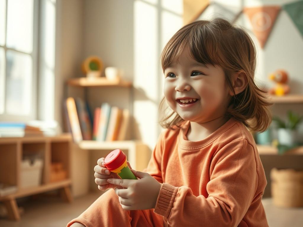 **AI Image Generation Prompt:**

Create a realistic high-resolution photo that captures the essence of sustainability and the benefits of second-hand shopping for children. The image should feature a single, cheerful young child, around 5 years old, joyfully playing with a colorful toy in a bright, inviting setting. The child should be dressed in a gently worn but stylish second-hand outfit, reflecting comfort and quality.

In the background, include a cozy playroom filled with soft sunlight streaming throu