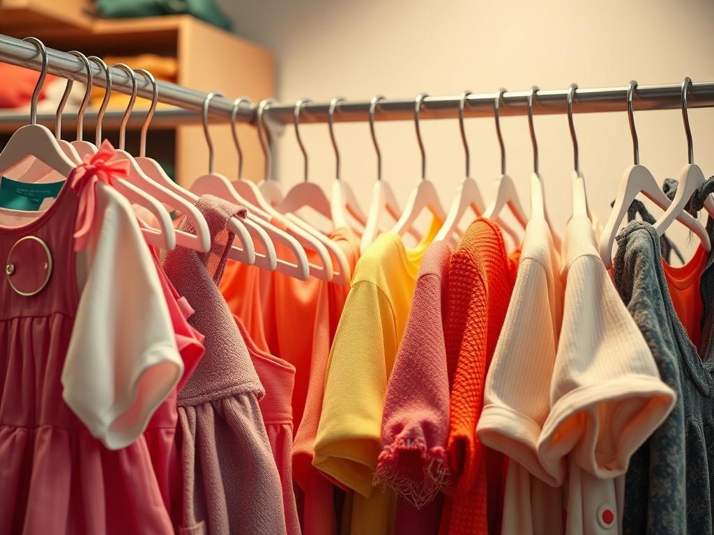 A beautiful display of children’s second-hand clothing in a boutique setting, highlighting colorful outfits arranged neatly on hangers. The scene captures a warm and inviting atmosphere, with soft lighting enhancing the textures of the fabrics. The background should be simple, emphasizing the clothing, while the primary color rgb(50, 170, 39) subtly accents the space.