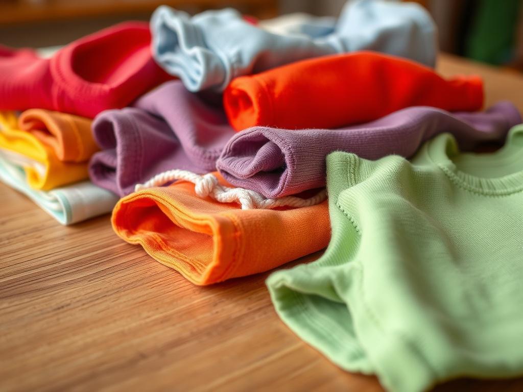 A close-up shot of colorful children's clothing neatly arranged on a wooden table. The fabric textures should be visible, showcasing details like stitching and patterns. The background should be softly blurred to emphasize the clothing, with natural lighting that highlights the vibrant colors. The overall tone should convey a sense of sustainability and care in the selection of second-hand items.