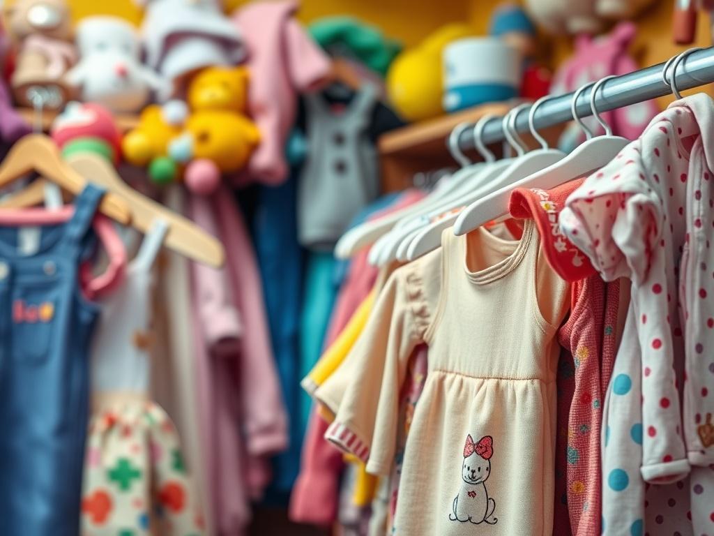 A close-up shot of a vibrant children's clothing display in a second-hand store, featuring colorful outfits and toys, with a warm, inviting background. The lighting is bright, showcasing the textures and details of the fabrics. The composition highlights the variety of items available, emphasizing the eco-friendly aspect of second-hand shopping.