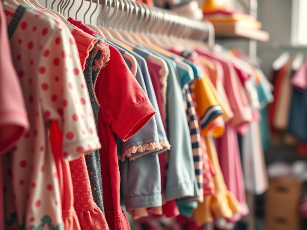 A hyper-realistic close-up photo of a colorful rack filled with second-hand children's clothes, showcasing a variety of sizes and styles, with a soft, natural light illuminating the fabric textures. The background is blurred to keep the focus on the garments, conveying a warm and inviting atmosphere suitable for a children's boutique.
