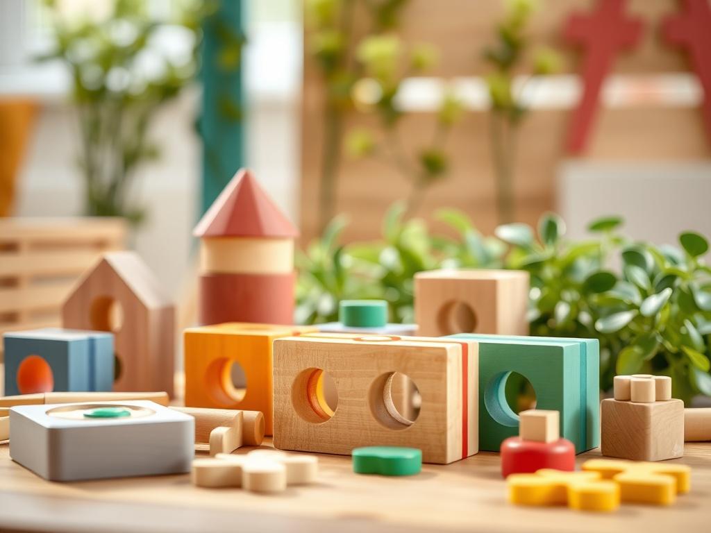 A vibrant close-up of an eco-friendly wooden toy set for children, including colorful blocks and puzzles. The setting is bright and cheerful, with natural light highlighting the toys' craftsmanship. The background features a playful arrangement of greenery, suggesting an outdoor play environment.