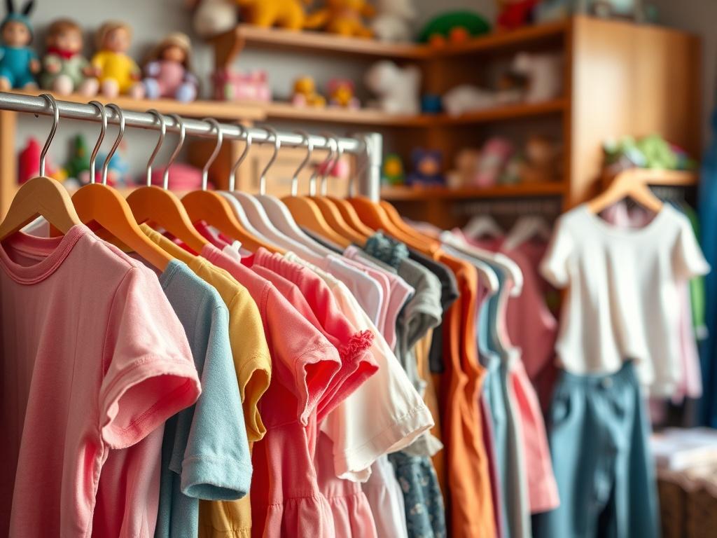 A close-up shot of a neatly arranged rack of children's second-hand clothing, showcasing colorful shirts, dresses, and pants. The setting is a cozy boutique with soft natural lighting, emphasizing the textures and details of the clothing. The background features a warm, inviting atmosphere with wooden shelves filled with small toys.