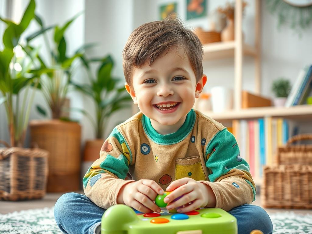 **Prompt for AI Image Generation:**

Create a realistic high-resolution photo that encapsulates the theme of "Les Bienfaits de la Seconde Main." The composition should be simple and clear, focusing exclusively on a single subject. The subject should be a joyful child, around 5-7 years old, wearing a colorful second-hand outfit, playing with a gently used toy (such as a soft stuffed animal or an educational game). 

The background should be a bright, inviting room filled with soft natural lighting, featuring