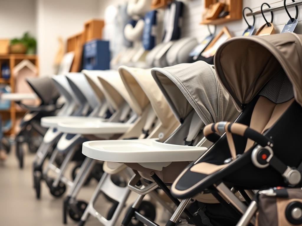 A close-up shot of high-quality second-hand baby products, such as strollers, high chairs, and baby carriers, displayed in a clean and organized manner, with a soft blurred background that emphasizes the functionality and safety of the products. The image should evoke a sense of care and responsibility.