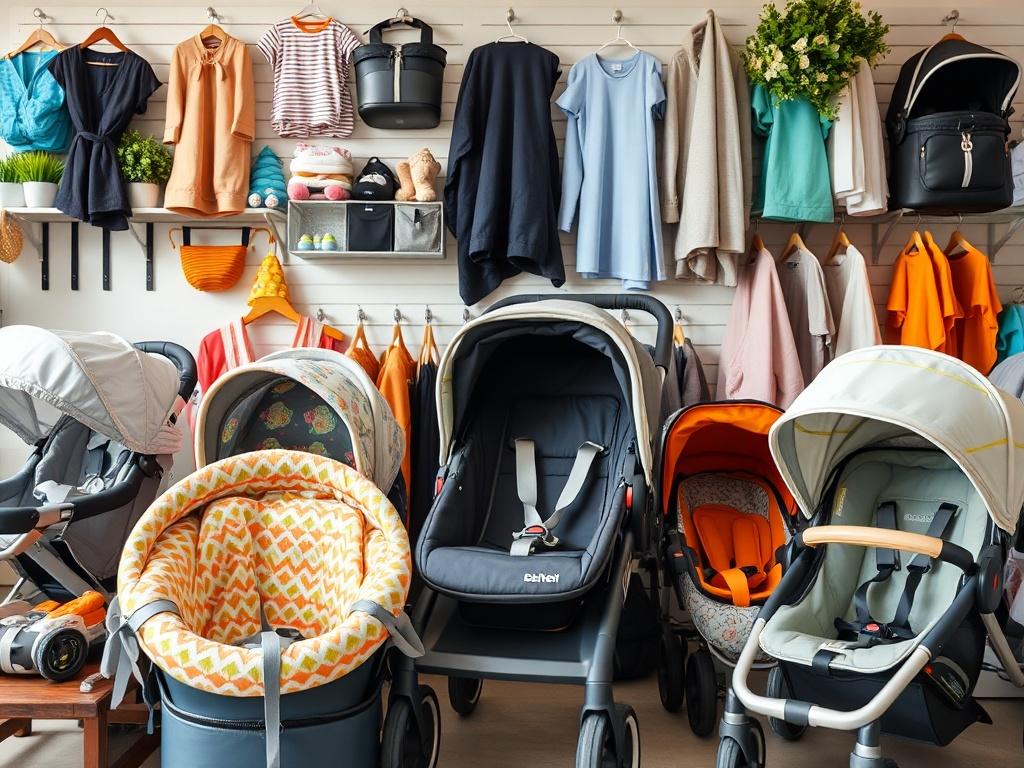 A neatly arranged display of second-hand baby gear, including strollers, car seats, and baby carriers, all in good condition. The layout should be organized and inviting, showcasing the variety of items available. The background should remain simple and complementary, allowing the products to stand out, with accents of the primary color rgb(50, 170, 39) in the decor.