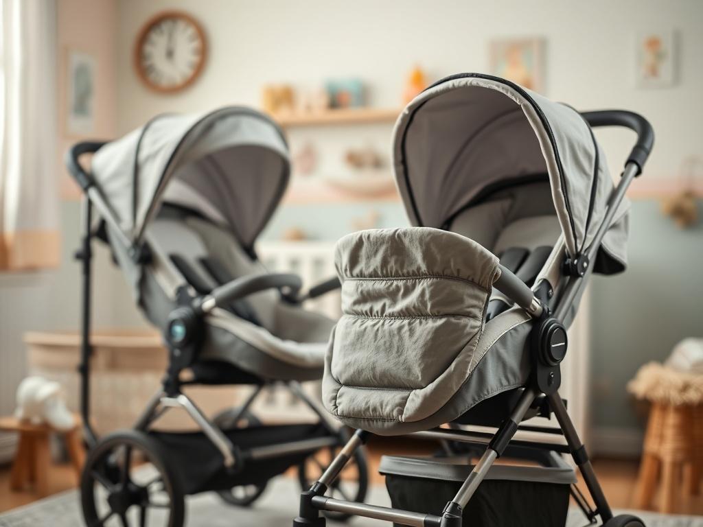A close-up shot of a gently used baby stroller and carrier arranged in a cozy, well-lit nursery setting. The focus is on the soft fabrics and safety features, showcasing the practicality of the items. The background includes pastel-colored walls and playful decor, creating a welcoming atmosphere for parents.